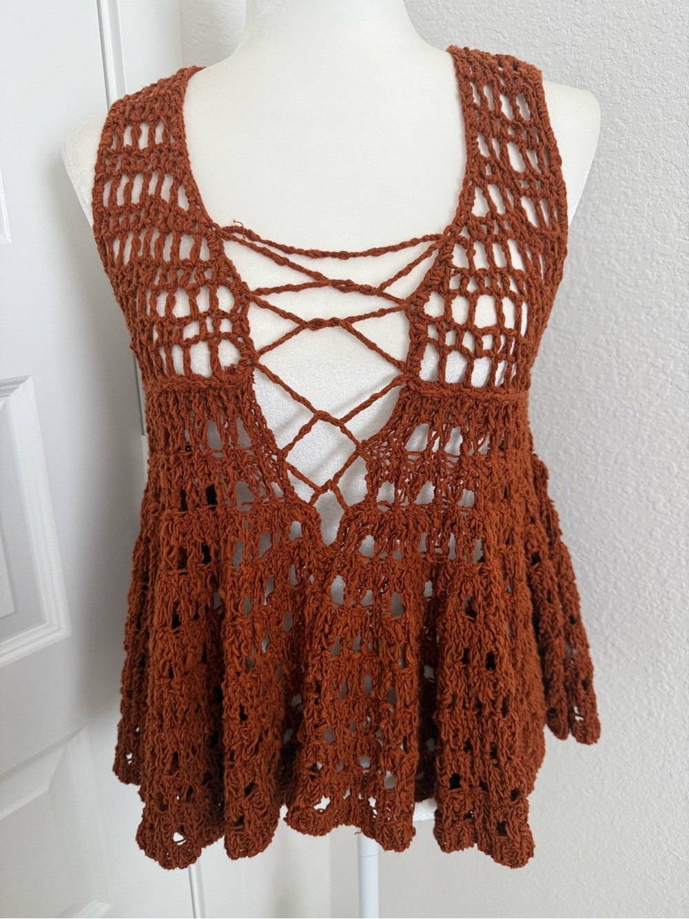 Free People Crochet Lace-Up Camisole in Rust